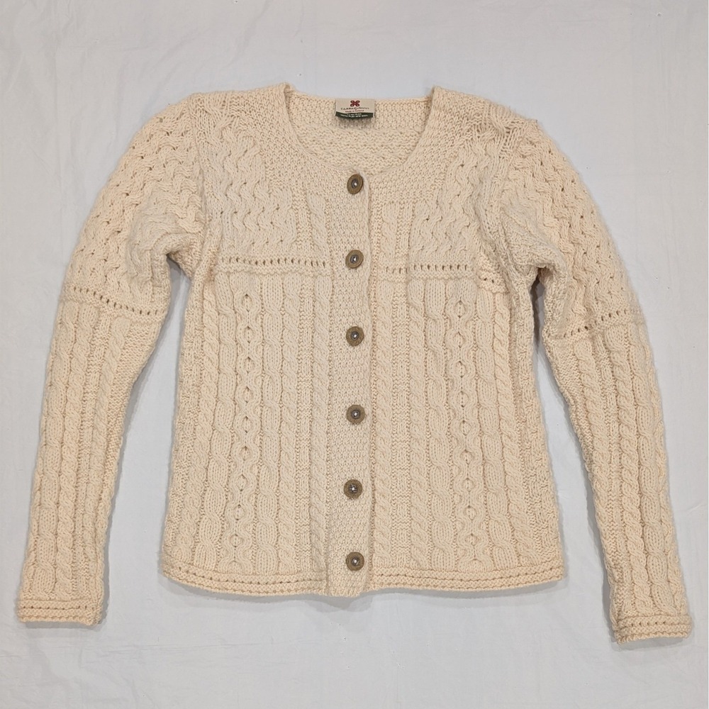 Carraig Donn Cable Knit Cardigan Sweater Cream Ecru Wool Ireland Heritage Size M